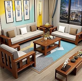Solid Sheesham Wood 6 Seater Sofa Set for Living Room | Wooden Sofa Set for Living Room Furniture 3+2+1 (Standard, Natural Teak Finish)