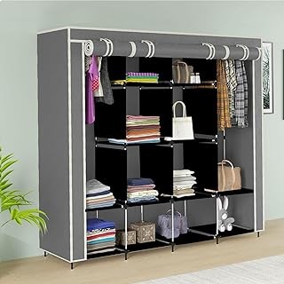 Whitecloud 12-Shelf Collapsible Wardrobe | Portable Foldable Almirah with Fancy Layer Racks | Brown Cloth Storage Cupboard with Plastic Frame Organizer (Model 88370)