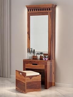 Solid Wood Wooden Dressing Table for Bedroom with Drawer, Mirror and Large Storage Space with Stool | Long Dresser Table with Mirror (Honey Finish)