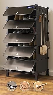 5 Shelf Shoe Rack with 5 Doors, Magnets, 5 Hook Steel Holder & Wooden Hammer for Home Storage PP Plastic Organizer with Metal Door Frame to Cover Chappal Slipper Sandals Shoes Box Stand (Black)