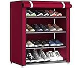 EASY BUY 4 Shelves Shoe Rack Plastic with Zip Door Cover & Side Pockets, Multiuse Storage Rack for Footwear, Toys, Clothes with Dustproof Cover (4 Shelves, Plastic) (Maroon)