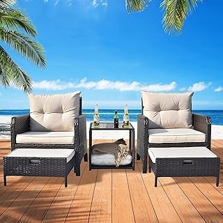 DEVOKO 5 Piece Patio Furniture Set with Ottoman, Outdoor Patio Chairs Wicker Patio Bistro Set for Backyard, Pool, Porch (Dark Brown & Cream)