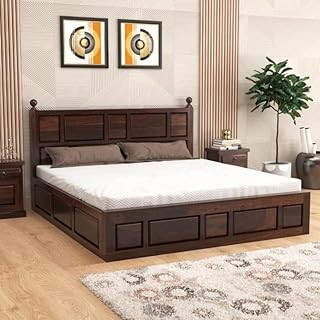 Sheesham Wood King Size Double Bed with Storage Box for Living Room Bedroom Home (Walnut Finish)