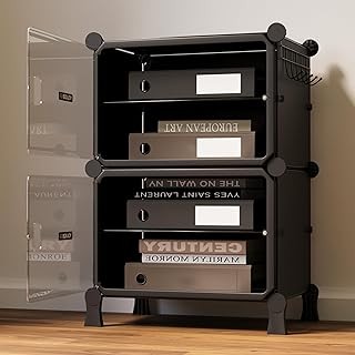 4 Shelf File Cabinet for Home and Office Black Rack with 2 Transparent Doors Hard PET Plastic Drawer Cabinet with Metal Frame Multipurpose File Document Storage and Stationery Organizer