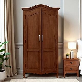 ONIJA Solid Wood Brown Finish Cane Wardrobe with Rattan Doors & Drawers | Almirah for Living Room, Dining Room, Bed Room & Guest Room | 54D x 90W x 185H CM